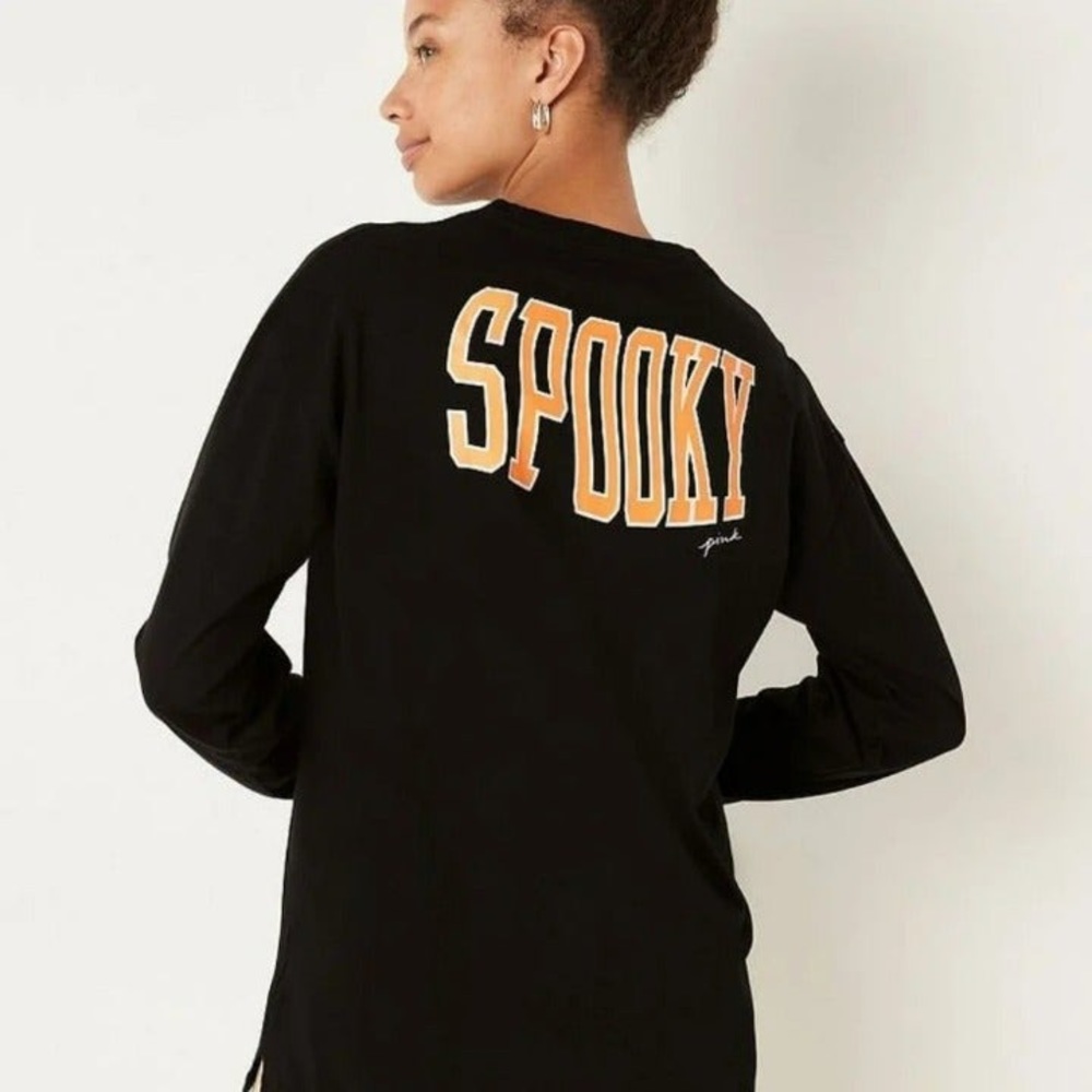 Victoria’s Secret PINK Campus Long Sleeve T-Shirt Black Halloween Spooky Medium